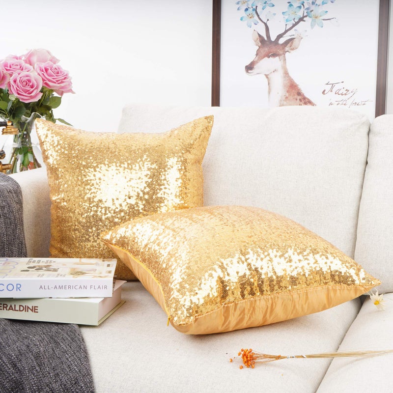 YOUR SMILE Pack of 2 New Luxury Series Gold Blink Decorative Glitzy Sequin & Comfy Satin Solid Throw Pillow Cover Cushion Case for Wedding/Christmas,18" x 18" - Image 3